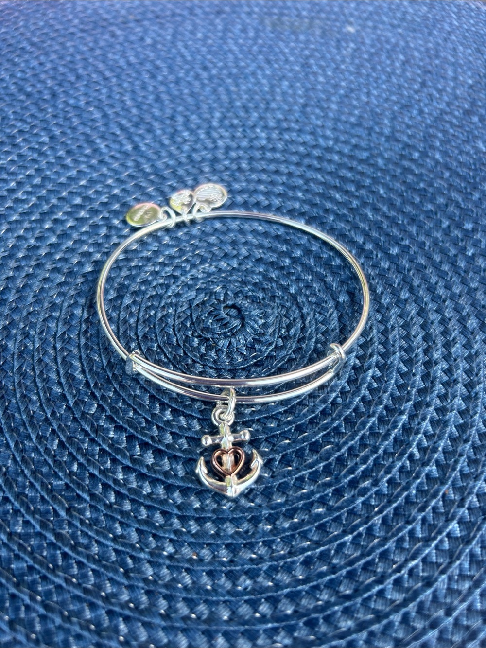 Alex and Ani Silver Expandable Bangle with Rose Gold Heart Anchor Charm